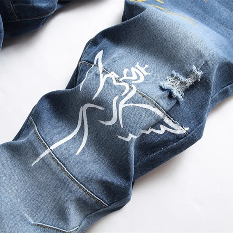 2022 Chic Flame Print Retro Washed Men Hip Hop Jeans Trousers Vintage Stretch Women Slim Denim Pants New Fashion Pantalon Homme