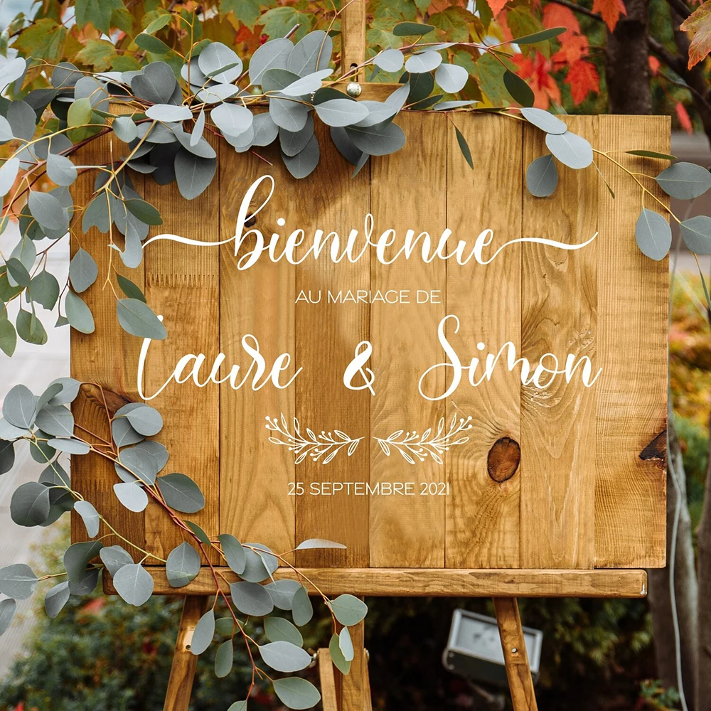 

French Style Wedding Stickers Bienvenue Sign Welcome Vinyl Decal Custom Name Wall Stickers Decor Board Mirror