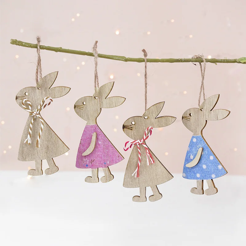 

4pcs Wooden Rabbit Pendant Easter Decoration Wood Ornament Cartoon Bunny Ear Decor Happy Easter Party Supplies Spring Home Decor