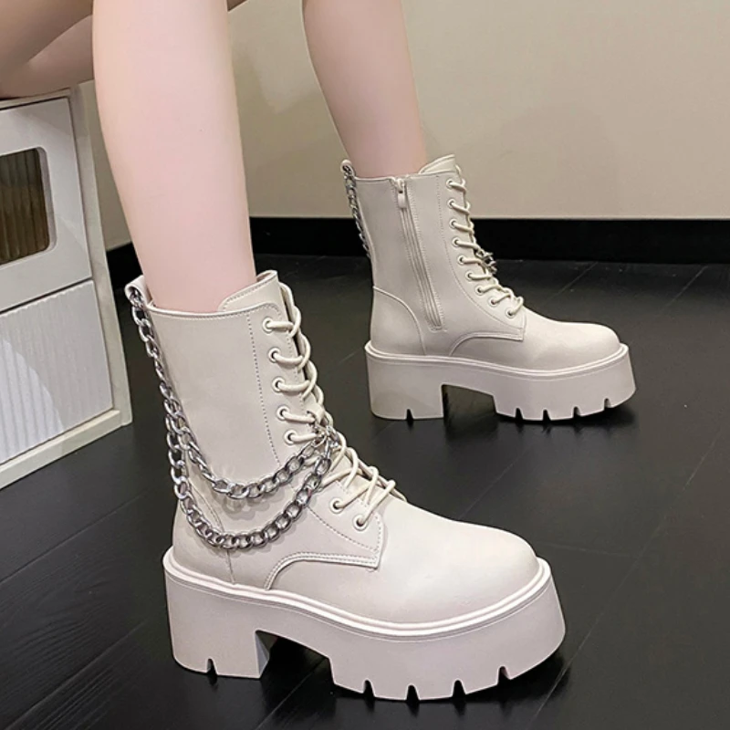 

Женские ботинки до середины икры, на шнуровке, на молнии