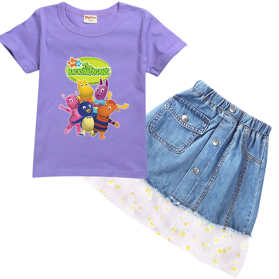 

2022 Newest Summer Backyardigans Costume Kids Clothes Baby Girl Short Sleeve TShirt+Denim Skirt 2pcs Sets Girls Boutique Outfits
