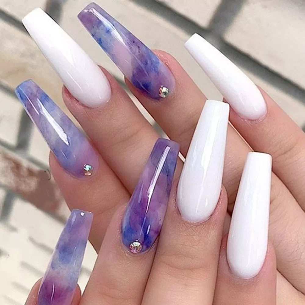 

24pcs Fake nails with designs Super Long Ballerina False Nails Wearable Coffin french Nails Full Cover Nail Tips Press On Nails