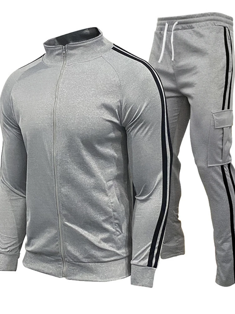 Casual Tracksuit Jacket + Trousers 2-piece Set Jogging Pocket Sportswear Outdoor Men Cardigan Pant Stripe Fashion Spring Autumn