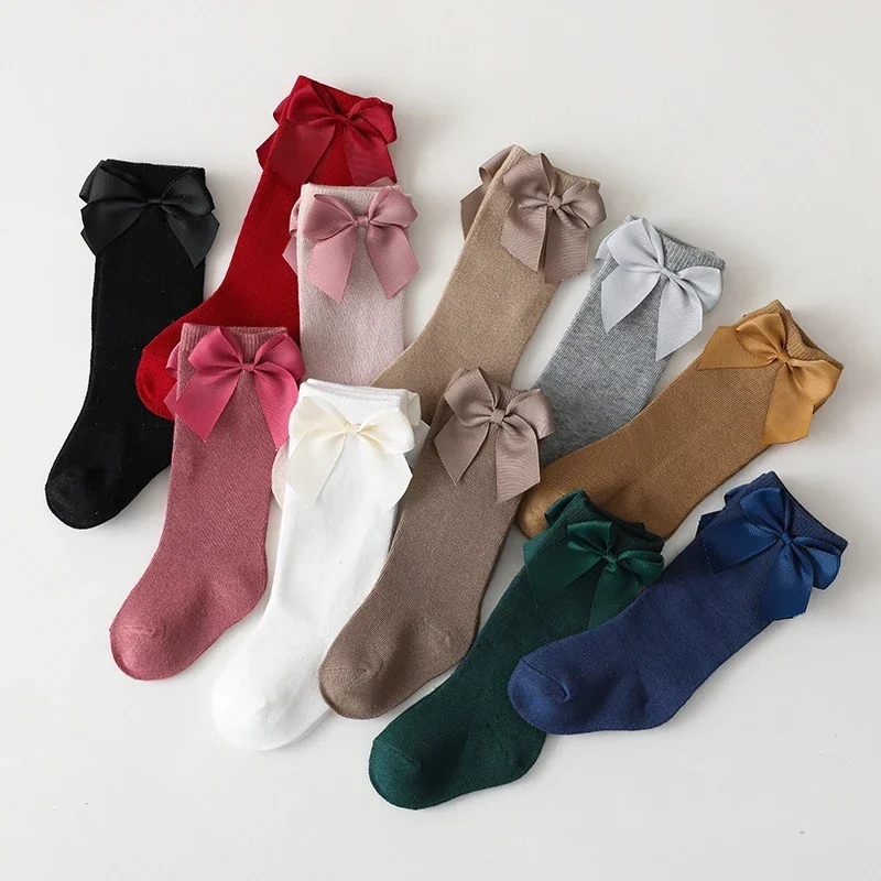 

Новые брендовые Детские носки для малышей, Осень-зима, детские гольфы для девочек до колена, хлопковые носки с большим бантом в испанском стиле