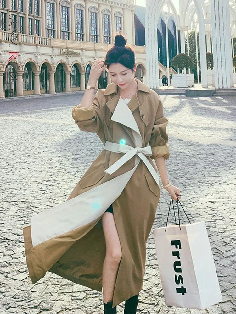 

LANMREM Women Khaki Trench Coat Color Block Long Length Lapel Single Breasted Belt Windbreaker 2022 Autumn Winter New 2R4650