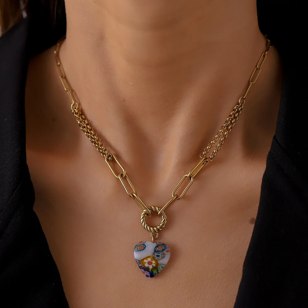 Цепочка с кулоном в виде сердца Женская летняя разноцветная ожерелье бусинами
