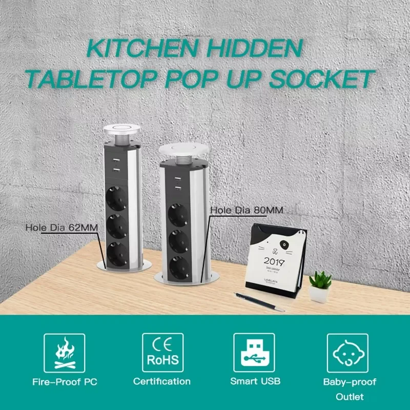

NEW Plug 3 power Kitchen Table Electrical Socket Desktop Sockets Power 1 Led+2 charge USB Aluminum Shelf