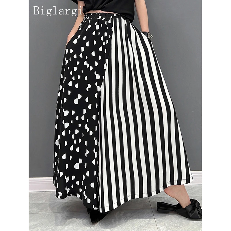 

Polka Dot Striped Patchwork Summer Pants for Women Woman Wide Leg Pants Black Elastic Waist Ladies Pants Streetwear Mujer 2022
