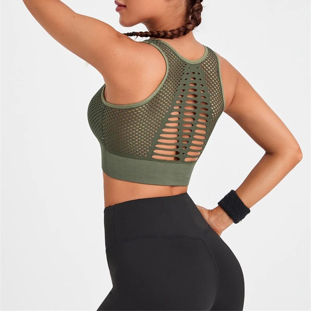 Women's Hollow Mesh Support Cross Back Wirefree  Sport Bra Tops Freedom Seamless Yoga Running Sports Bras