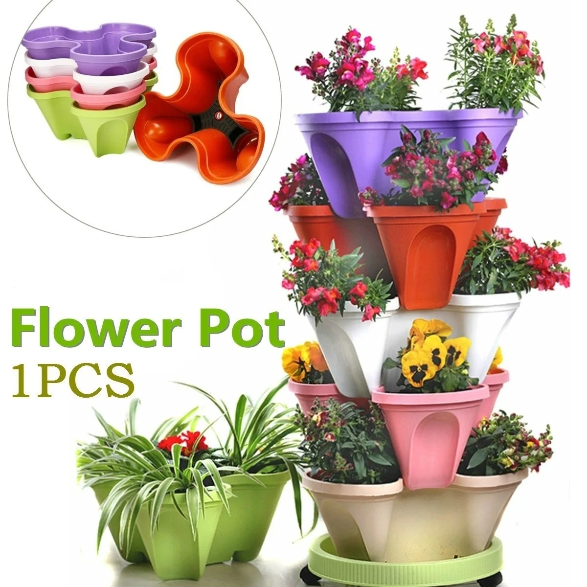 

1PC Stackable Plastic Flower Pot Planter Plant Vase Holder Nursery Pots 5 Colors Home Garden Balcony Decoration