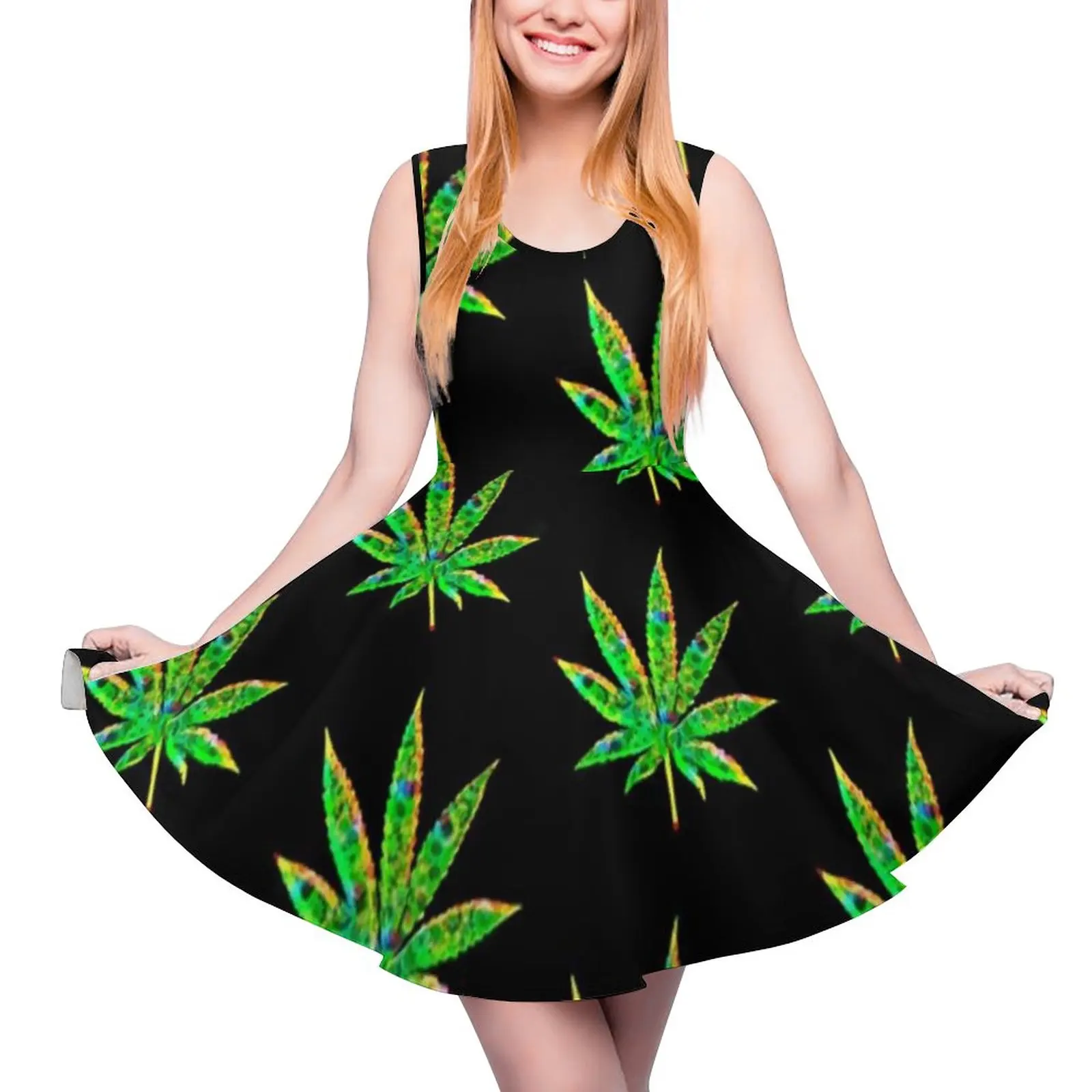 

Cannabis Rainbow Weed Dress Marijuana Plant Sexy Dresses High Waist Street Fashion Oversize Skate Dress Spring Printed Clothes