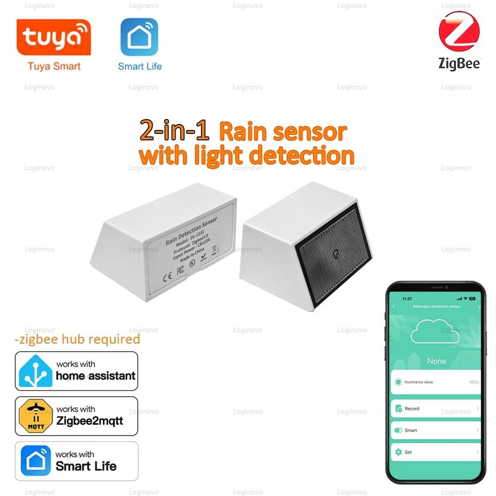 Фото Zigbee датчик обнаружения капель дождя детектор яркости света IPX4 наружное водонепроницаемое обнаружение дождевой воды для домашней автоматизации Tuya №1