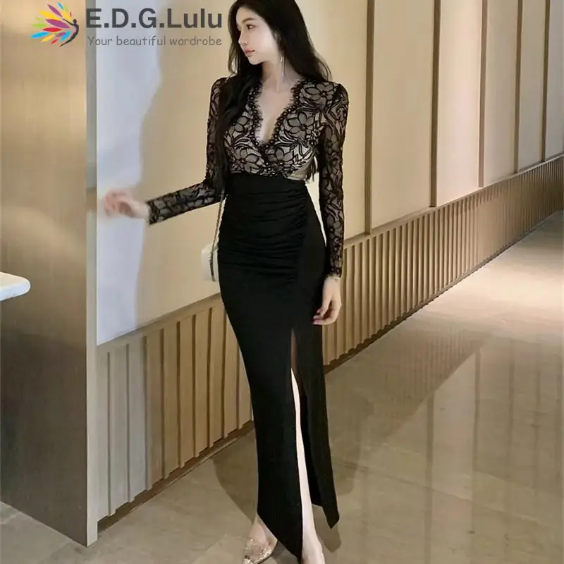 

EDGLuLu Vestido Feminino V-образный вырез вышивка кружева лоскутное Черное Длинное Платье женское элегантное вечернее платье 0928
