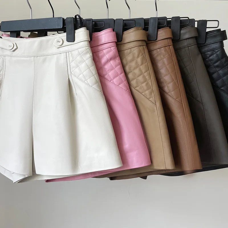 2022 New Autumn and Winter Sheepskin Leather Shorts Women High Waist All-match Thin Wide-leg Shorts G15