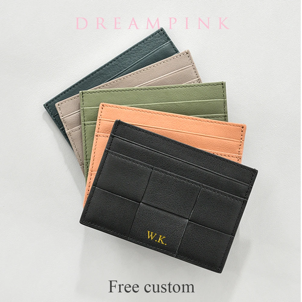

Luxury Weave Genuine Leather Card Holder Custom Name Gift Cassette Women Slim Wallet New Design Personalize Men Credit Card Case