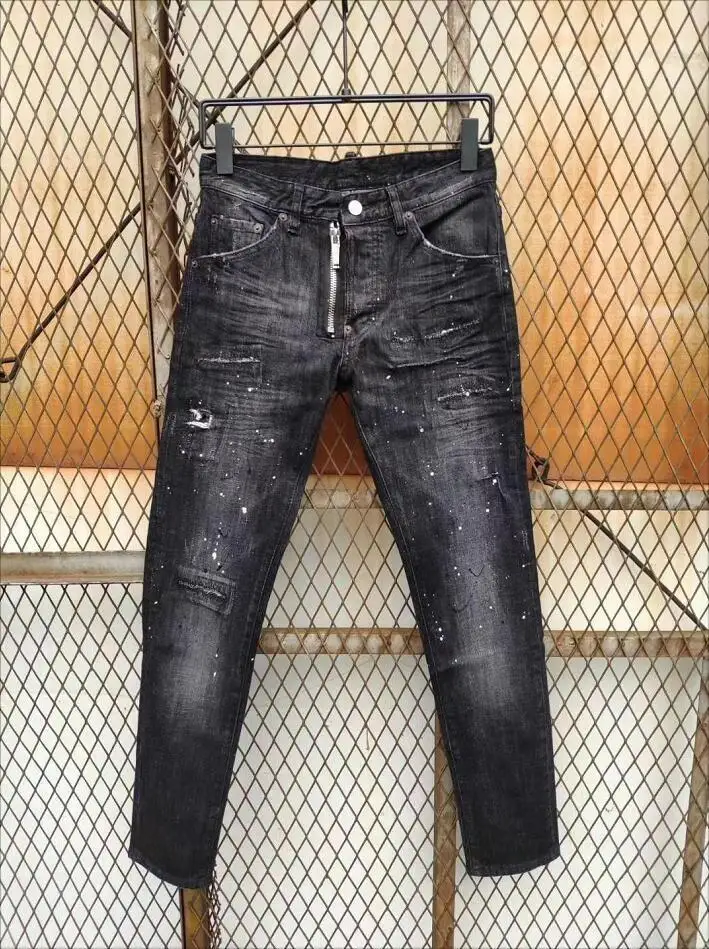 

Men's Italy Black Fake Zippers Hole Splash Ink Scratched Ripped Fashion Pencil Pants Jeans 878#