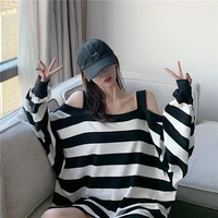 feiernan striped tshirt women harajuku off shoulder tees cotton korean style long sleeve kawaii tops streetwear fashion kpop