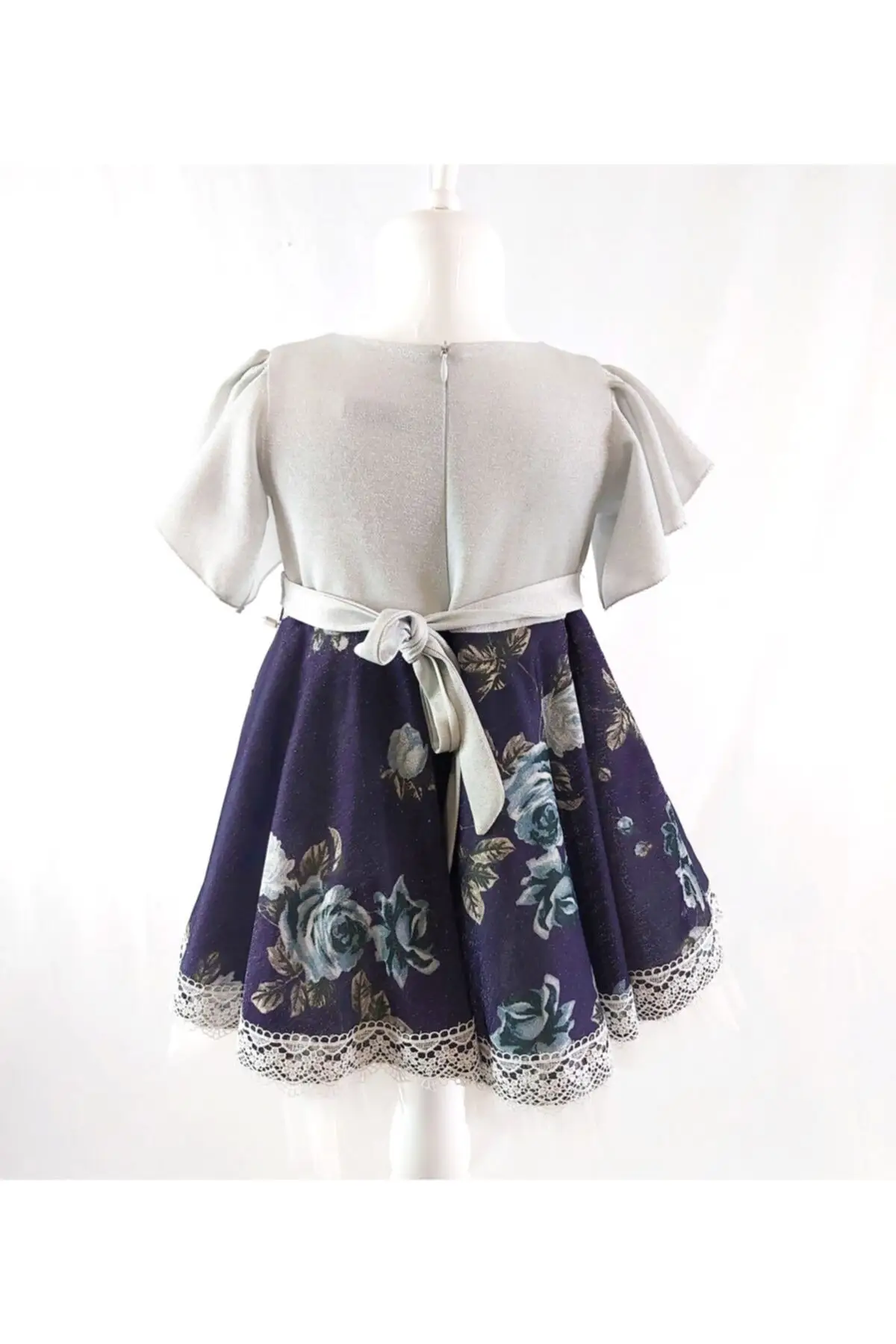 

Female Child Blue Ruched Flowered Silvery Dress Short Sleeve Woven Trend Cycling Collar Zipper Piece Print Viscose Printed