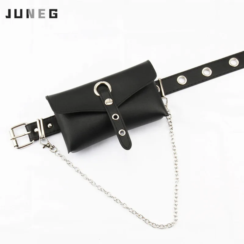 Women's PU Leather Waist Bag with Chain Belt Full Hole Punk Style Belt Phone Shoulder Crossbody Chest Bags Messenger Bags