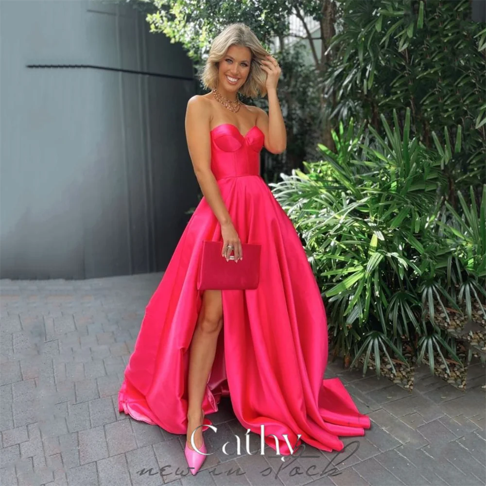 

Cathy Sexy Strapless A-line Vestidos De Noche Simple Satin Sweetheart Prom Dress 2023 Fuchsia Side High Split فساتين السهرة