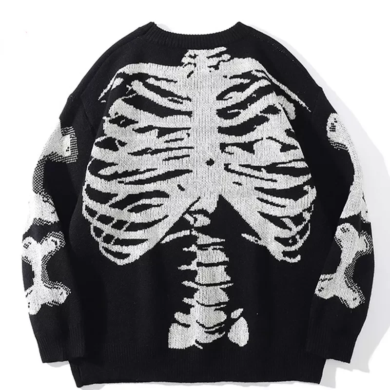 

Men Oversized Sweater Black Loose Skeleton Bone Print Women Vintage Retro Knitted Sweater 2021 Autumn Cotton Pullover Unisex