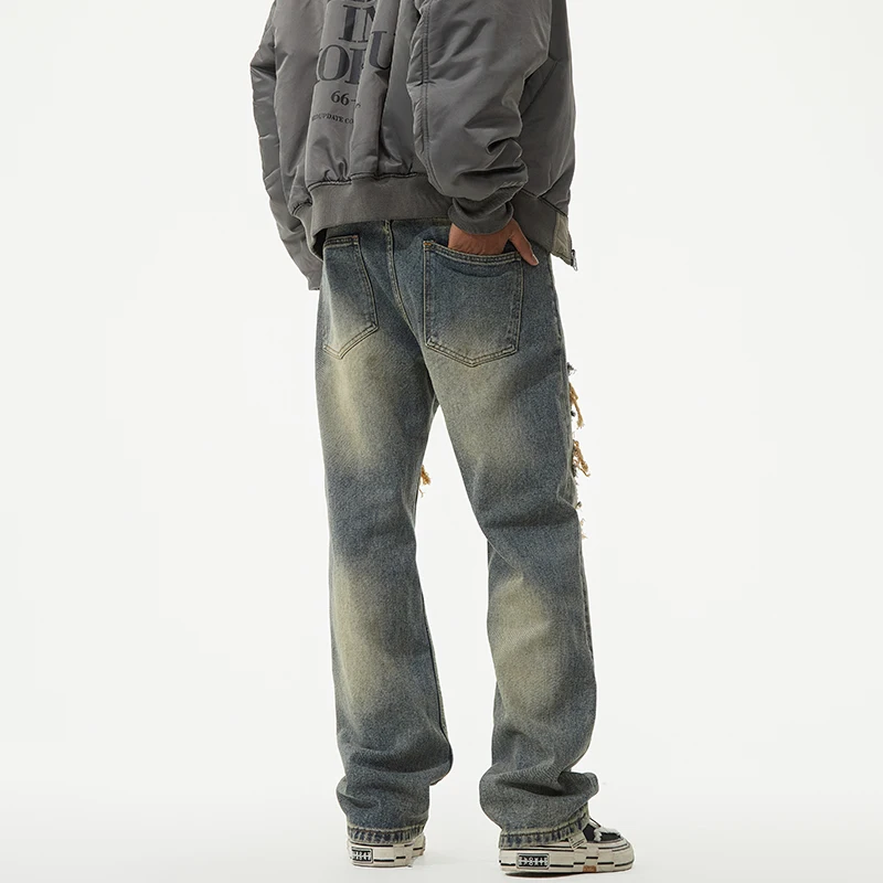 Джинсы мужские рваные с заплатками свободные прямые брюки из денима