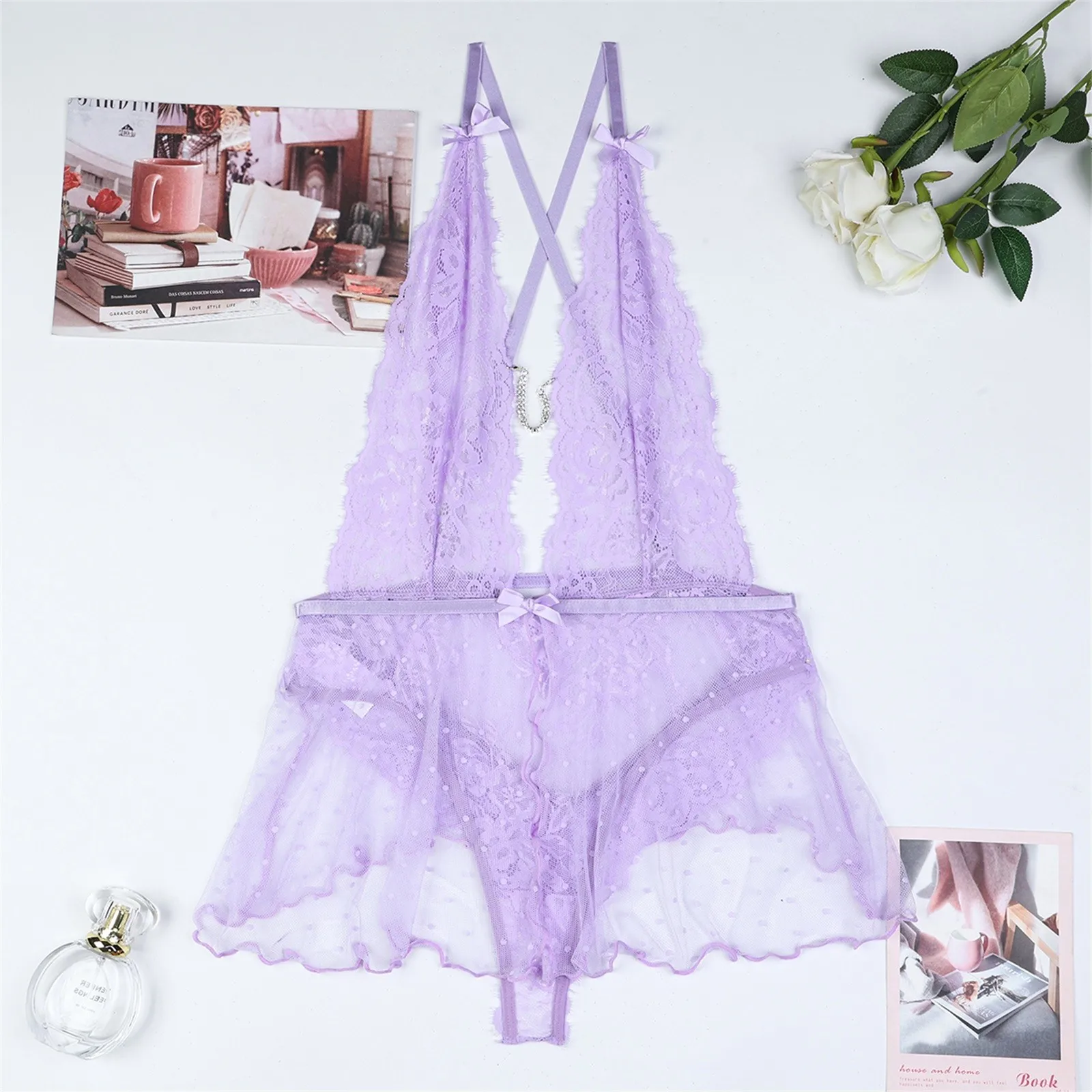 Сексуальное эротическое белье женское сетчатое кружевное боди с глубоким