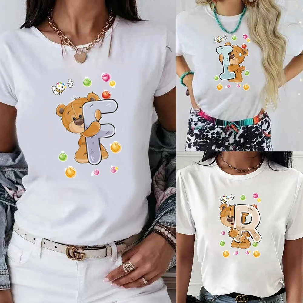 

Harajuku Summer Women T-shirts Casual 26 English Bear Letter Printed Tops Tee Female T Shirt Short Sleeve Streetwear Clothing