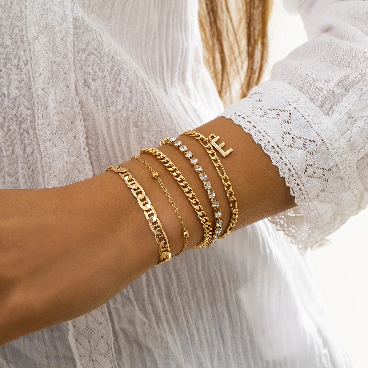 

Punk Curb Cuban Link Chains Bracelets Sets Letter E Charm Bracelet for Women Crystal Tennis Bracelets&Bangles Wrist Jewelry Gift