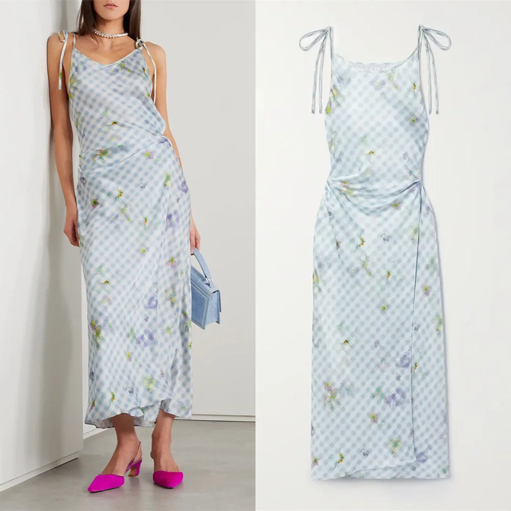 

23 Summer flowing satin design niche vintage colour blocking plaid lace up fresh tones floral print