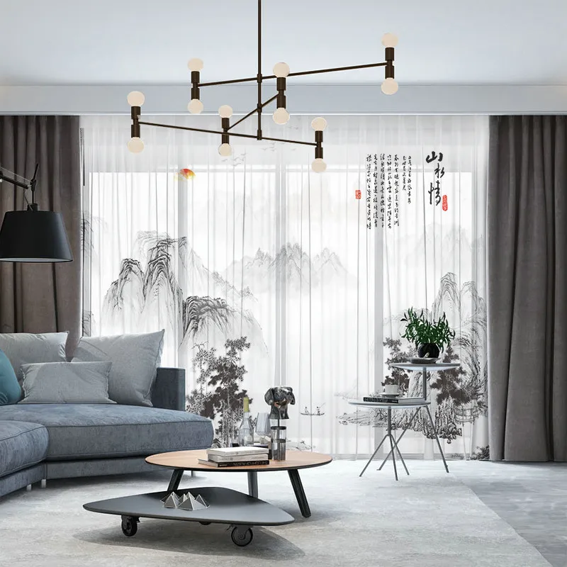 

Custom Chiffon Sheer Curtain Window Tulle Drape for Bedroom Living Room Mountain Hills Water Landscape Trees Sunrise Ink White
