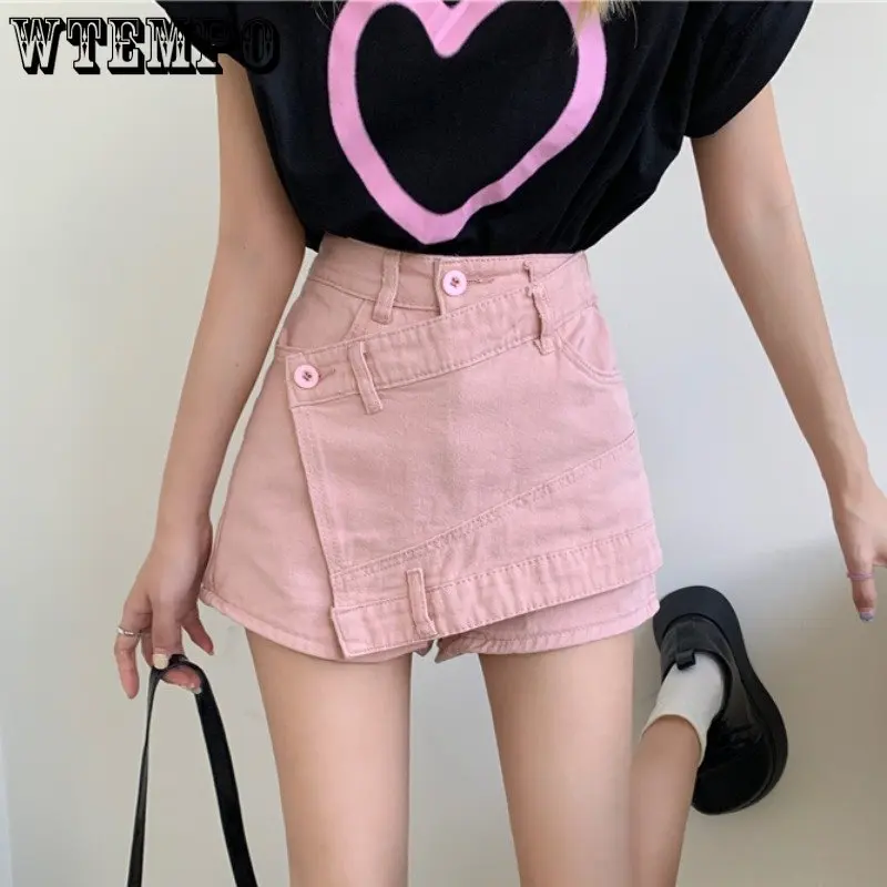 

Y2K Vintage Pink Denim Skirt Women Korean Fashion Streetwear Sexy High Waist Slim Patchwork Pleated Mini Skirts Kawaii Summer