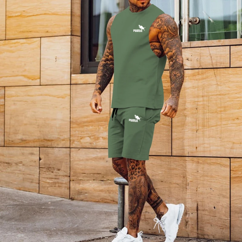 Summer Cool Quick-Drying Clothes Fashion Casual Sleeveless Vest + Sports Fitness Shorts Two-Piece Set