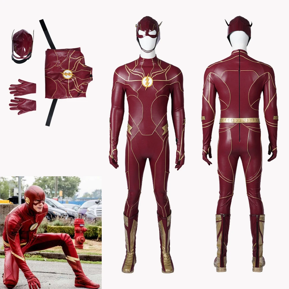 Men Flash Cosplay Costume Red Bodysuit Jumpsuit Mask Shoes ComicCon Halloween Carnival Party For Disguise Custome Made