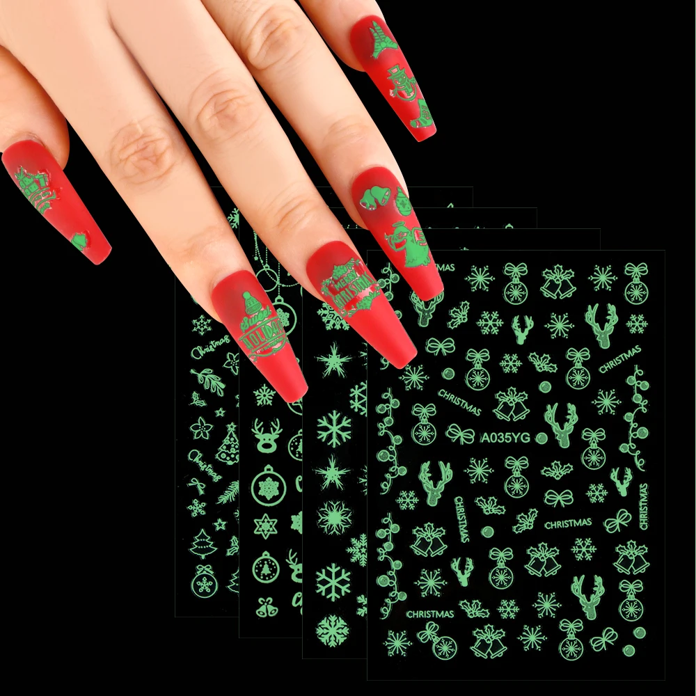 

16pcs/set Luminous Christmas Nail Stickers Snowflake Elk Sliders For Nails Snowman Santa Claus Designs Decals Manicure Decor
