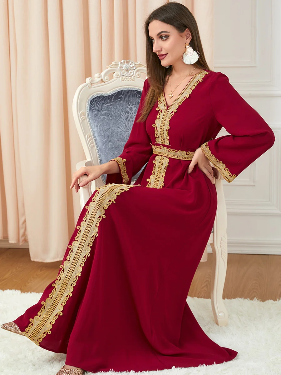 V-neck Arab Morocco Muslim Fashion Long Dress Elegant Abaya Women Embroidery Maxi Dresses Abayas Dubai Turkey Islam Kaftan