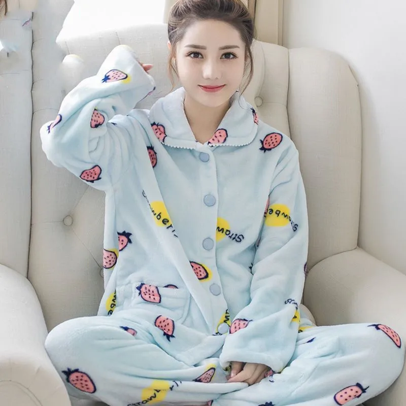 Cute Pajamas Set Casual Sleepwear For Women Warm Full Cartoon Pattern Pyjama Women's Flannel Winter Fashion Soft Homewear