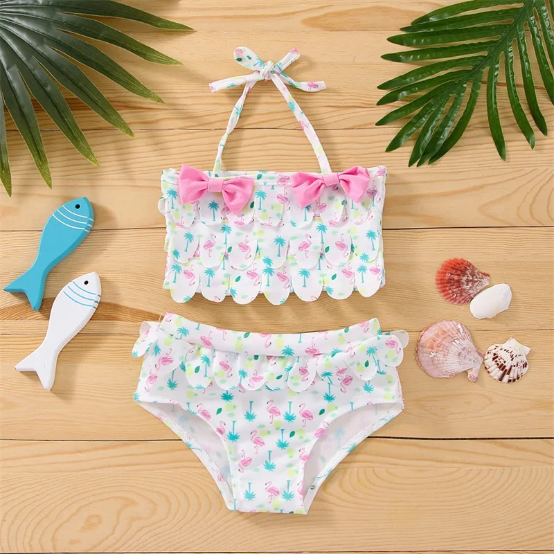 

2Pcs Toddlers Girls Swimwear Flamingo Print Tied Halter-Neck Tank Tops + Elastic Waist Pantie Swimsuit
