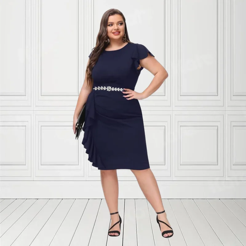 Plus Size Round Neck Stretch Ruffle Short Sleeve Dress 4XL 5XL White Bodyon Elegant Party Women Summer Clothes Midi Dress
