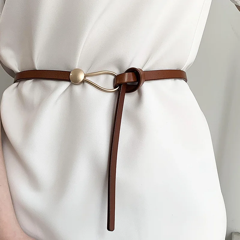 

Luxury Golden Buckle PU Leather Strap Thin Belt For Women Narrow Thin Belts Waistband Knot Strap For Dress Party Belt Skirt Belt