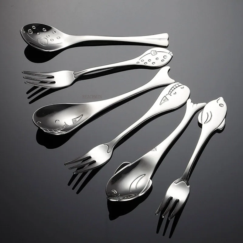 

Cartoon Tableware Kids Spoon Fork Set Stainless Steel Dessert Spoon Cute Animals Coffee Stirring Spoon Children's Dinnerware