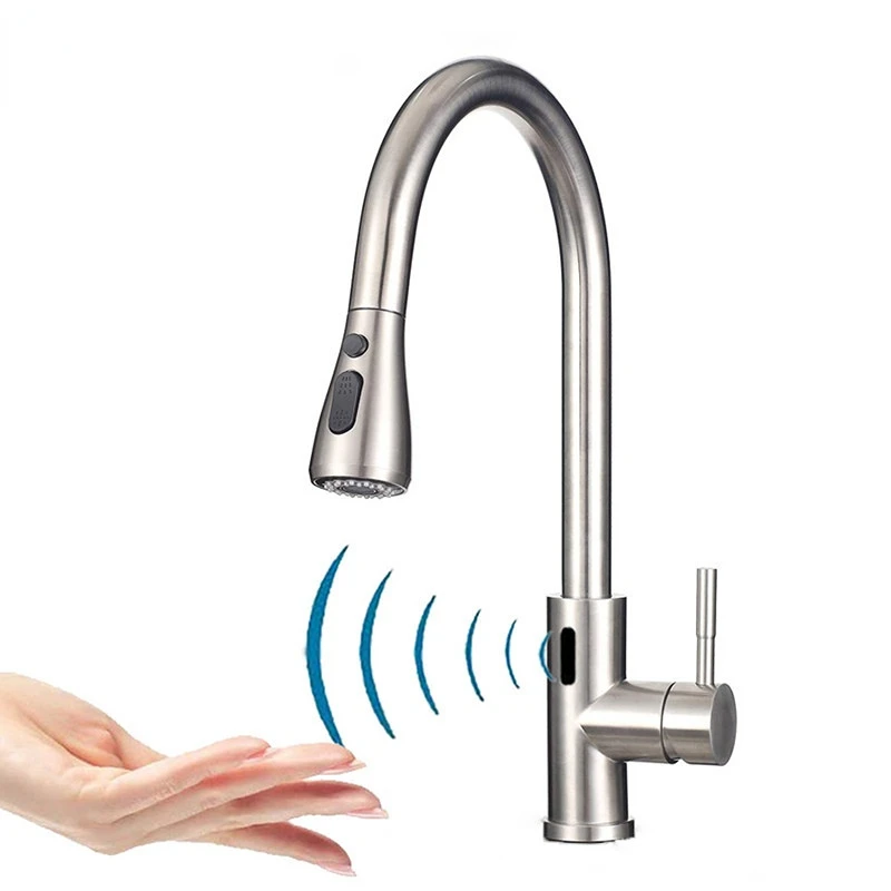 

Touchless Kitchen Mixer Tap Quality SUS304 Stainless Stee Sensor Pull Out Kitchen Faucets Three Function Brushed Sensor Faucets