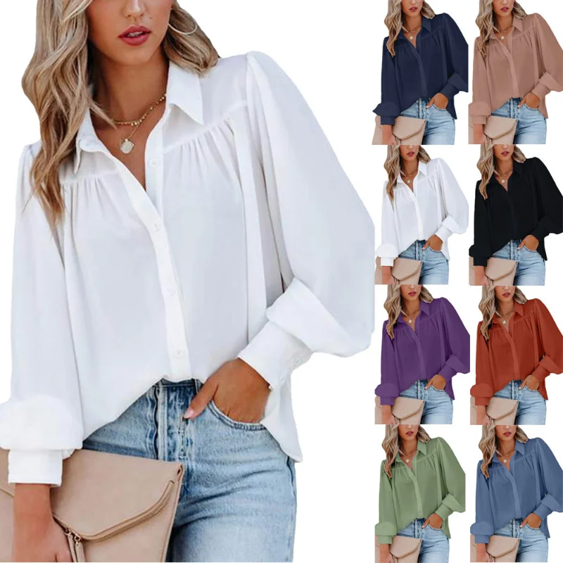 

Mandylandy Women Elegant Autumn Loose Chiffon Shirt Top Fashion Casual Long Lantern Sleeve Turn Down Collar Button Tshirt Blouse