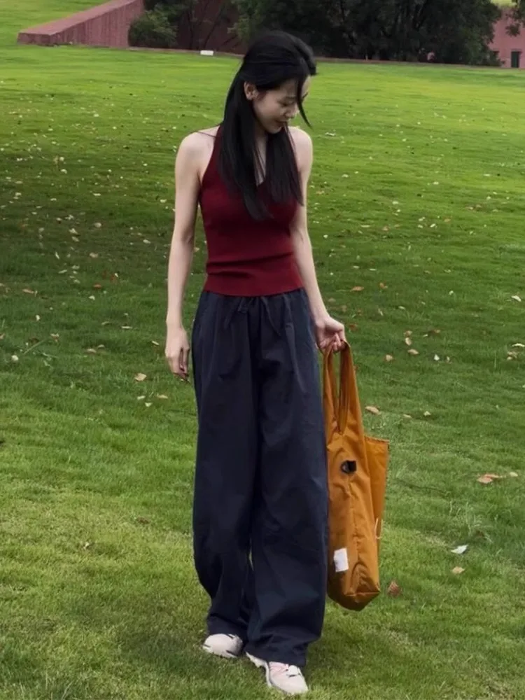 Французский шикарный красный вязаный жилет с v-образным вырезом и висячим на