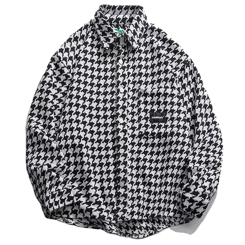 

Plaid Shirt Men Black and White Long-sleeved Shirts Spring Retro Couple Oversized Jacket Tops Fashion Casual High Street Coat