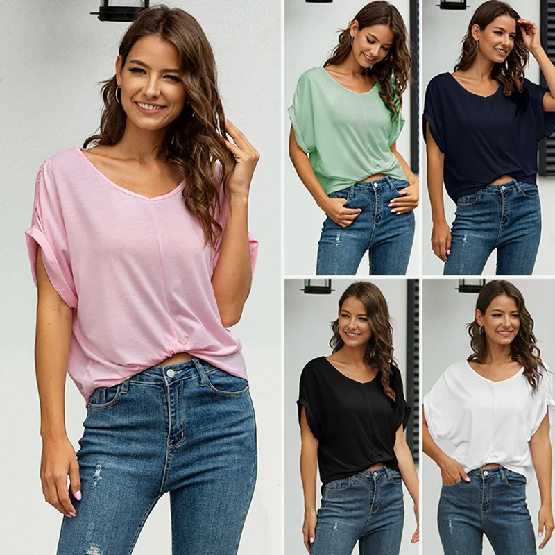 

Women's Summer Crop Top Solid Short Sleeve Twist Front Tee T-Shirt