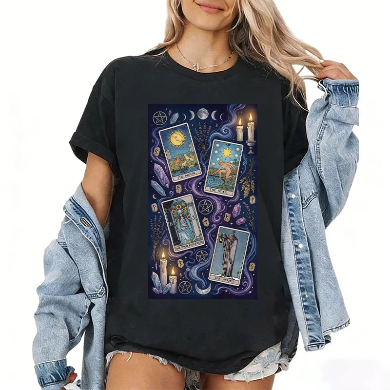 Фото Рубашка Таро Райдер-Велика, женская футболка Mujer Camisa, карта загадочного созвездия, лунная звезда, футболка с изображением королевы Таро №3