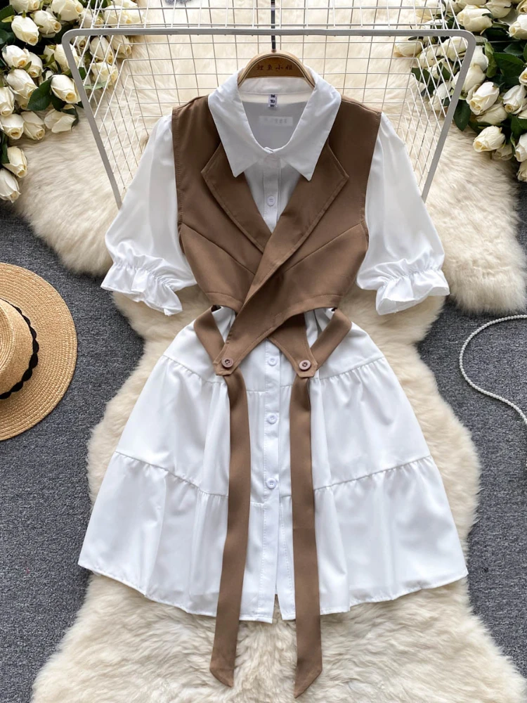 

Suit Vest Two Piece Set Women Clothing Summer 2023 New Puff Sleeve Y2k Mid Length Office Ladies White Shirt Dress Streetwear