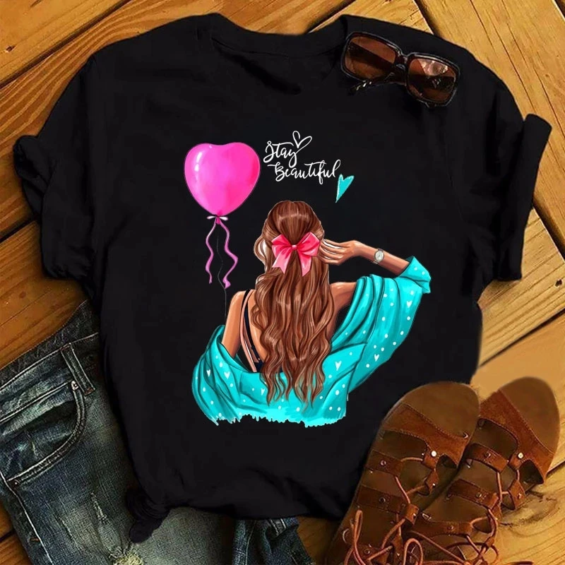 

Harajuku Women's Casual Fashion Ladies T-shirt Girls Back View Printed Women's Tops Women O-neck Black Tops Tee