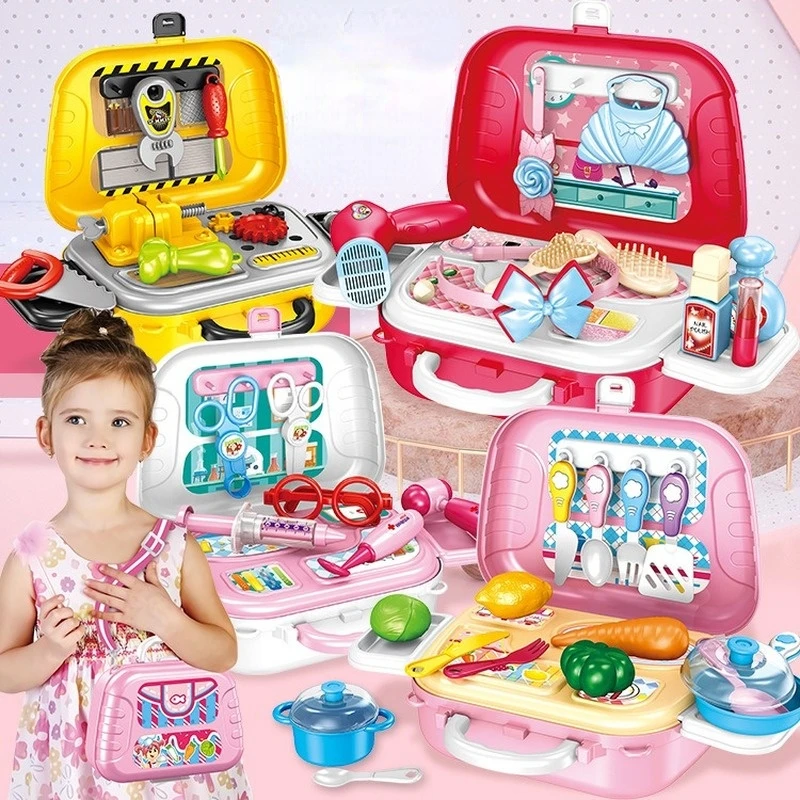 

Children's Family Kitchen Cooking Tableware Toys Boys Girls Make-up Tools Medical Instruments Tool Shoulder Bag Set Role Play